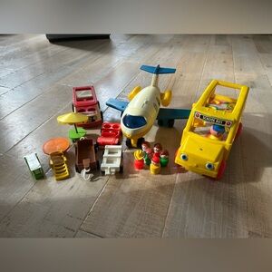 Vintage Fisher Price Little People Lot School Bus And Plane